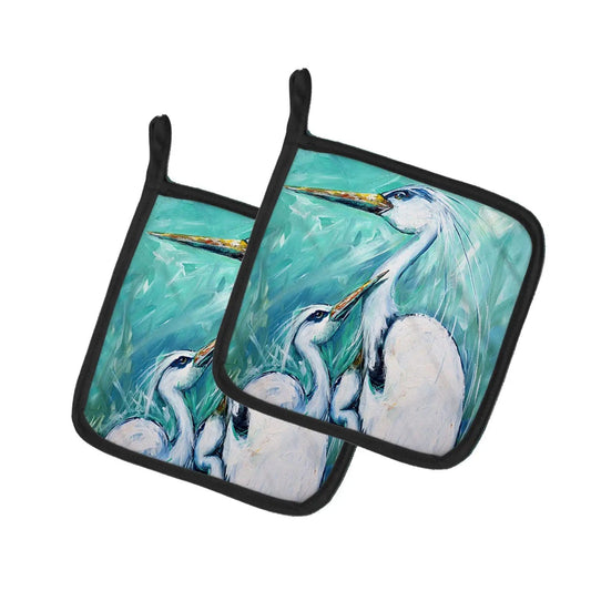 Pot Holder Set of 2 | Heat Resistant Quilted Hot Pads | 7.5 x 7.5 Inch | Mother's Love Egret