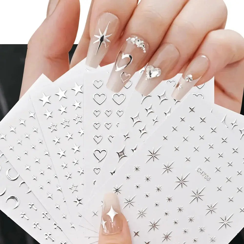 Nail Stickers | Metallic Silver 3D Stars | PriceLows™