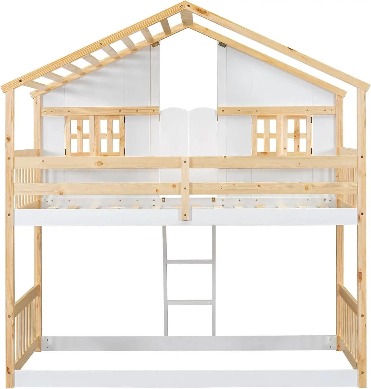 Natural Wood Twin Over Twin House Bunk Bed With Roof from PriceLows™