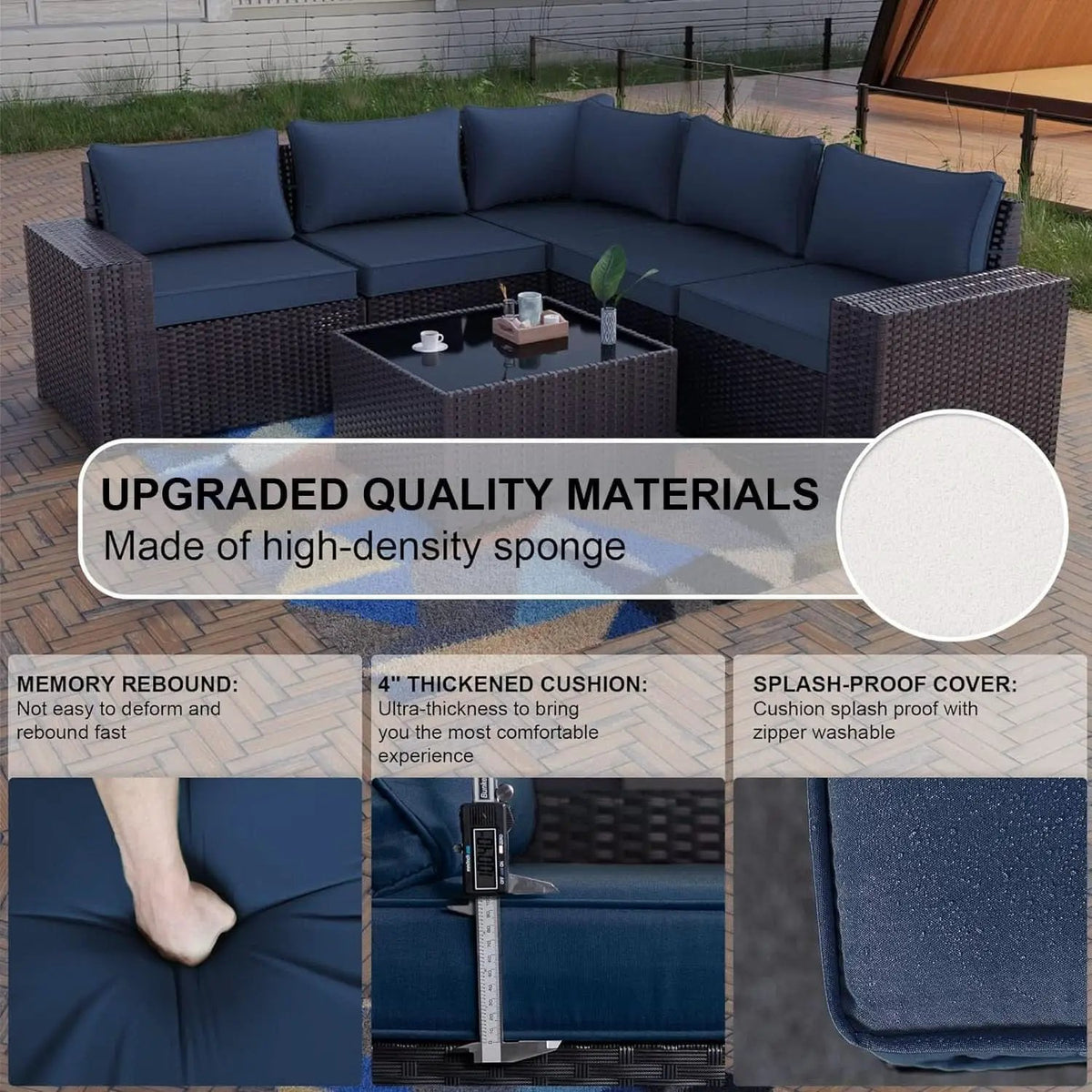 Navy Blue 6 Piece Outdoor Patio Sectional Sofa Set With PE Rattan