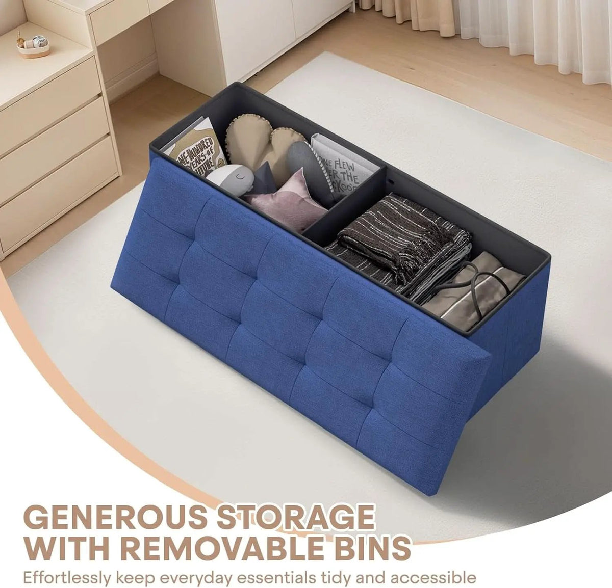 Navy Blue Folding Storage Ottoman Organizer 43Inch from PriceLows™