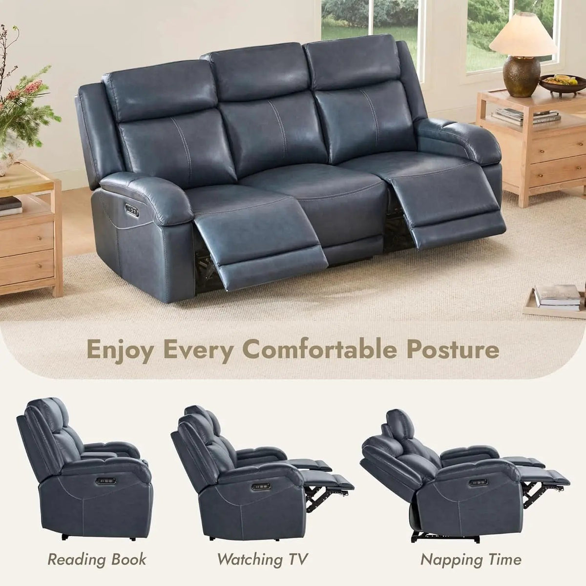 Navy Genuine Leather Power Recliner Sofa With USB Type C from PriceLows™
