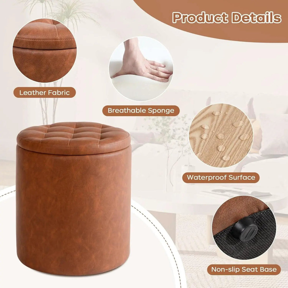 Dark Brown Faux Leather Round Storage Ottoman from PriceLows™