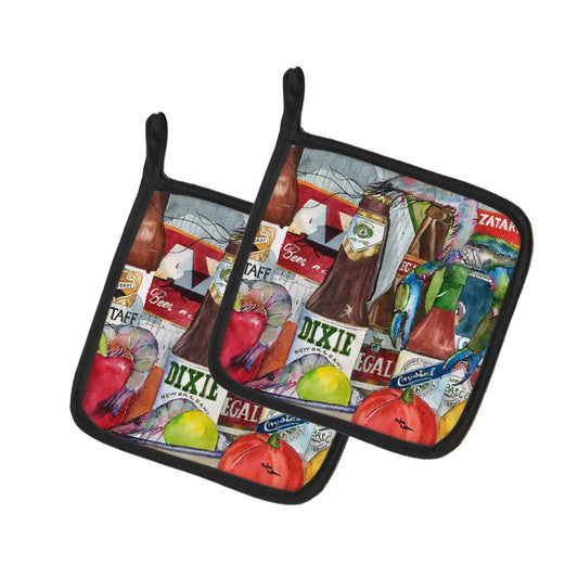 Pot Holder Set of 2 | Heat Resistant Quilted Hot Pads | 7.5 x 7.5 Inch | New Orleans Beers and Spices