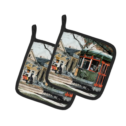 Pot Holder Set of 2 | Heat Resistant Quilted Hot Pads | 7.5 x 7.5 Inch | New Orleans Street Car