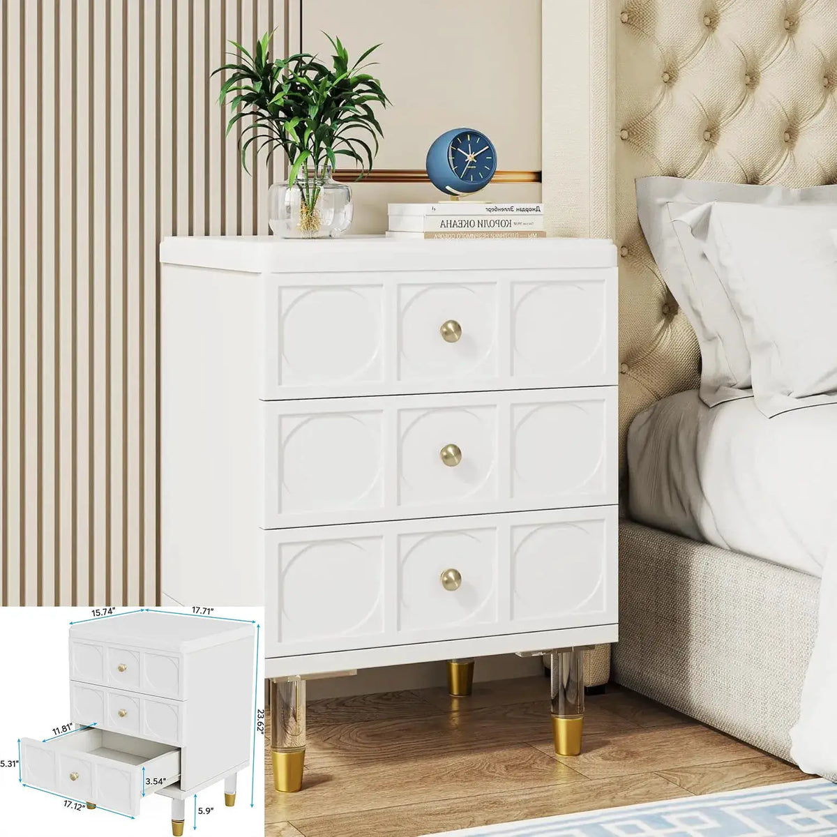Nightstand with 2 Drawers, Modern Nightstand with Open Storage Shelf, White Bed Side Table for Bedroom, Living Room from PriceLows™