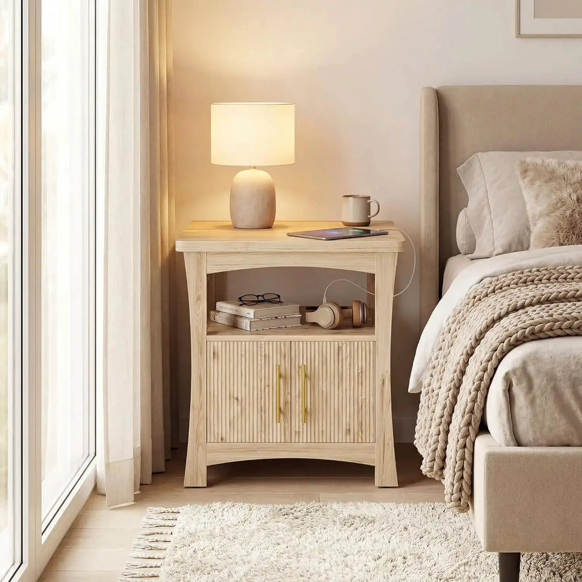 Nightstand with Charging Station, Wood Night Stand, 23.6inch Large Bedside Table with Storage, End Table for Bedroom, Oak from PriceLows™