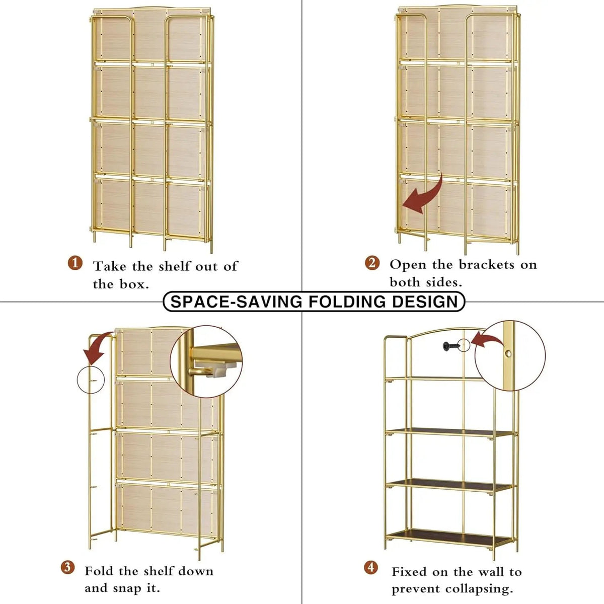 No Assembly Foldable Bookshelf 4 Tier Gold Bookcase from PriceLows™