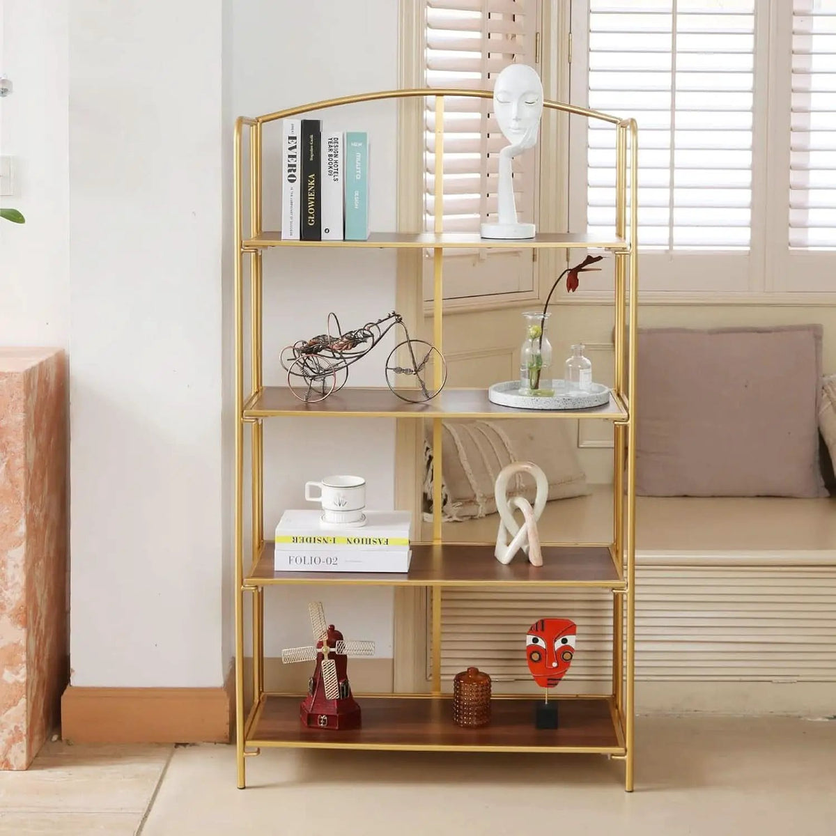 No Assembly Foldable Bookshelf 4 Tier Gold Bookcase from PriceLows™