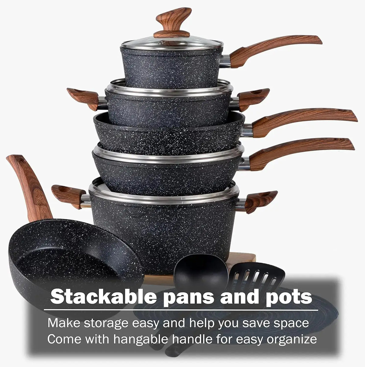12 Piece Nonstick Granite Cookware Set, Induction Compatible Pots and Pans, Healthy PFOS/PFOA Free, Black from PriceLows™