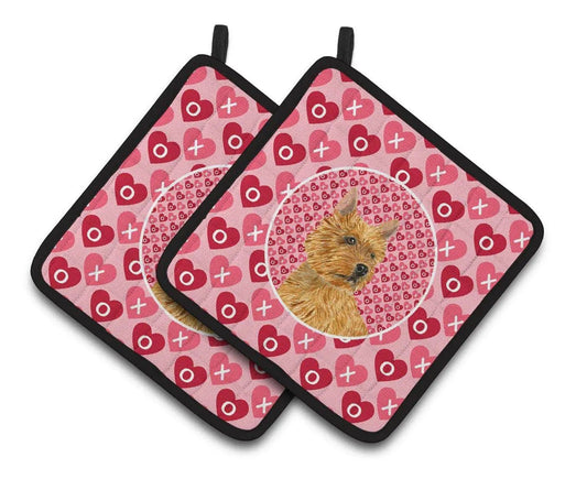 Pot Holder Set of 2 | Heat Resistant Quilted Hot Pads | 7.5 x 7.5 Inch | Norwich Terrier Hearts Love and Valentine's Day Portrait