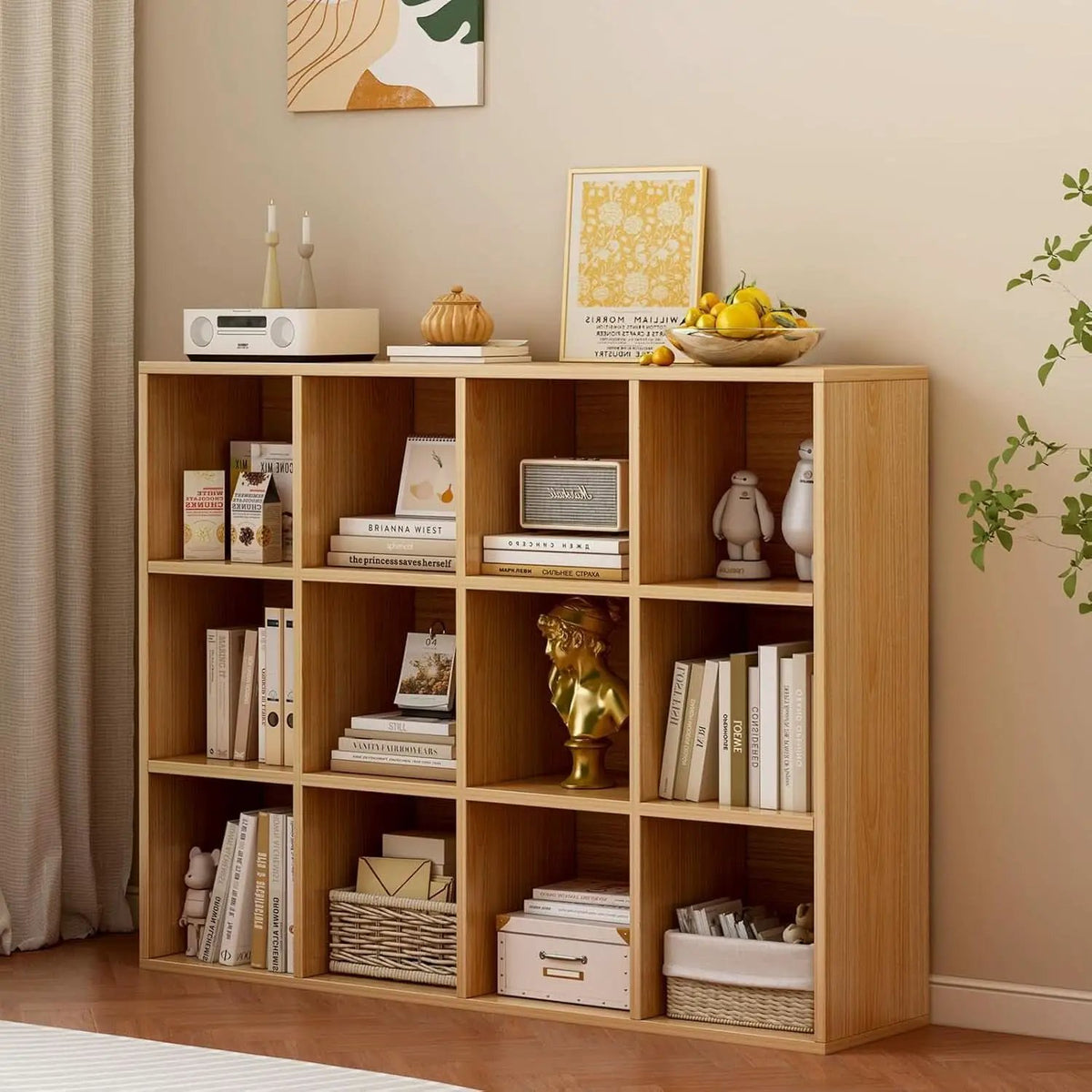Oak 12-Cube Storage Shelf Bookcase 3-Tier Floor Standing from PriceLows™