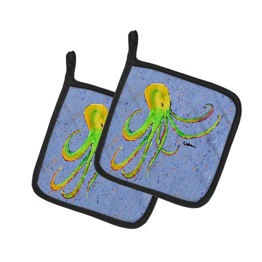 Pot Holder Set of 2 | Heat Resistant Quilted Hot Pads | 7.5 x 7.5 Inch | Octopus on Blue