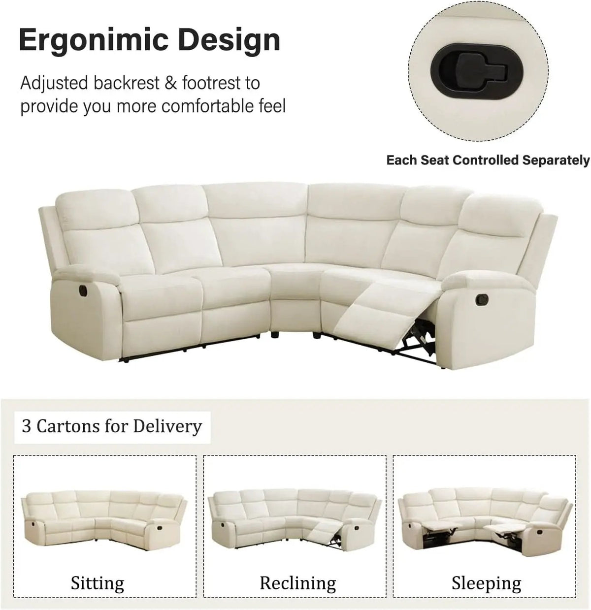 Off White Recliner Sectional Sofa Five Seats Living Room from PriceLows™