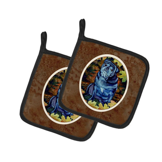 Pot Holder Set of 2 | Heat Resistant Quilted Hot Pads | 7.5 x 7.5 Inch | Old Black Pug in Fall Leaves