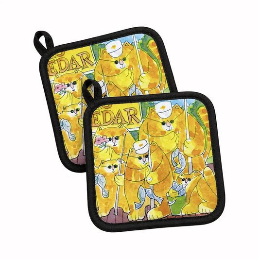 Pot Holder Set of 2 | Heat Resistant Quilted Hot Pads | 7.5 x 7.5 Inch | Orange Tabby Fishing Cats