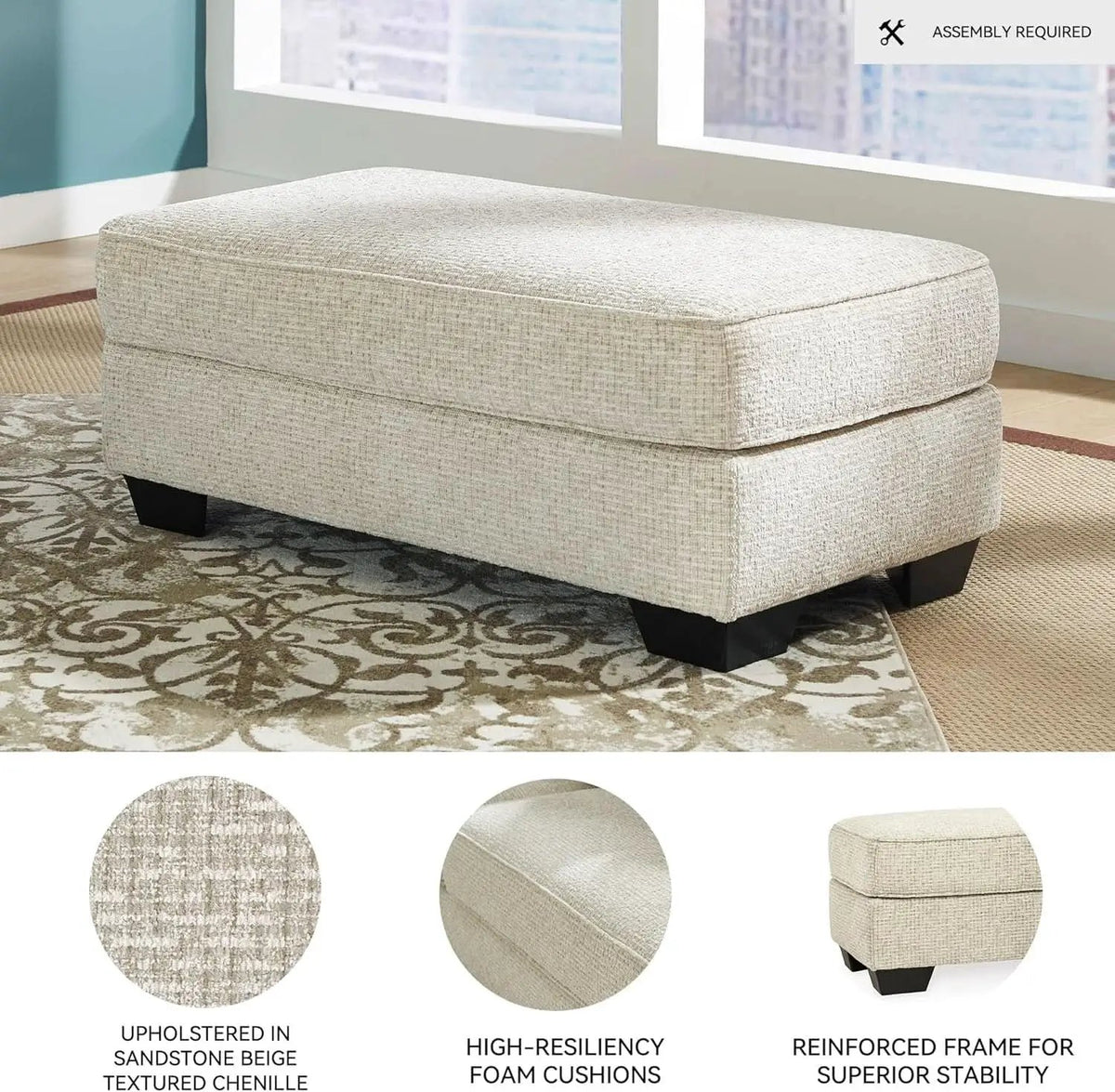 Beige Chenille Upholstered Ottoman With Cushioned Comfort from PriceLows™