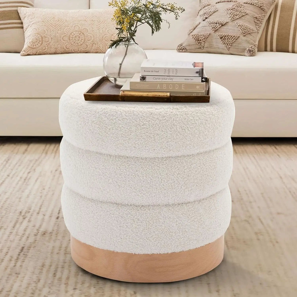 Cream Tufted Sherpa Ottoman Footstool Round Cushion from PriceLows™