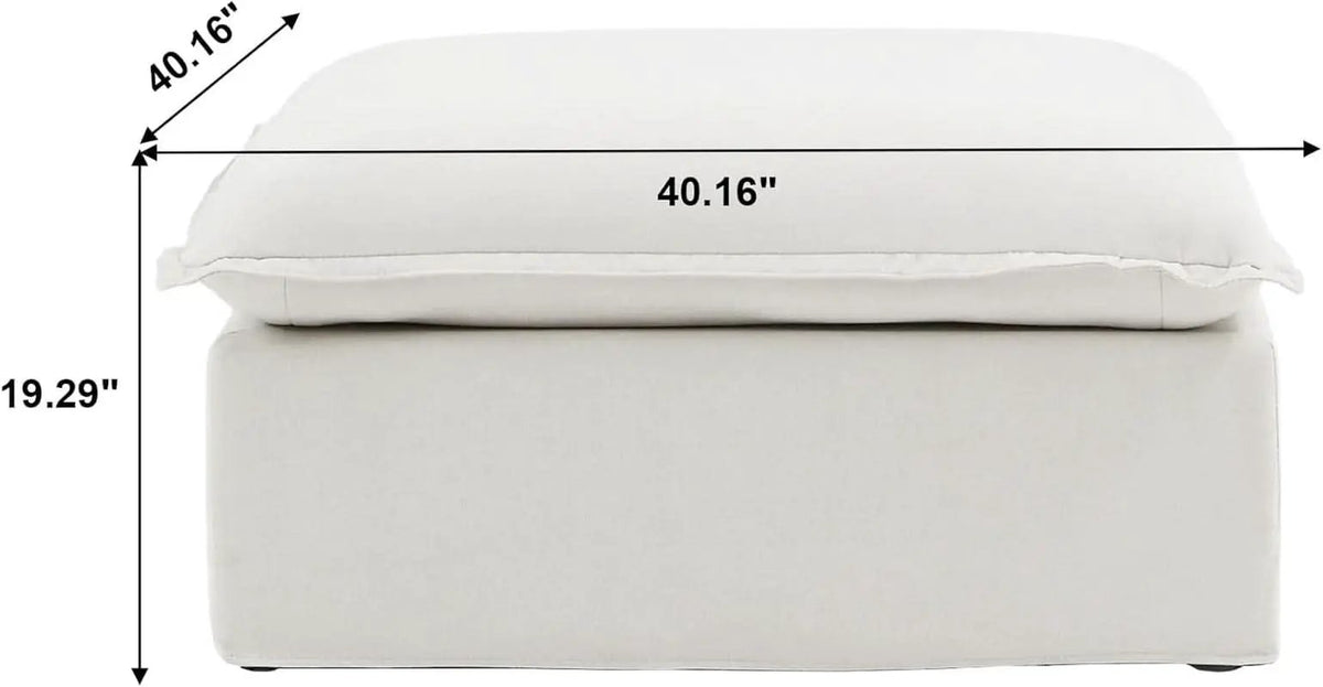 Ottoman Footstool | White Hemp Velvet Upholstery | Removable Cover Pine Wood Frame | One Size