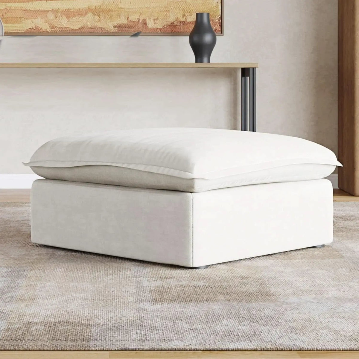 Ottoman Footstool | White Hemp Velvet Upholstery | Removable Cover Pine Wood Frame | One Size