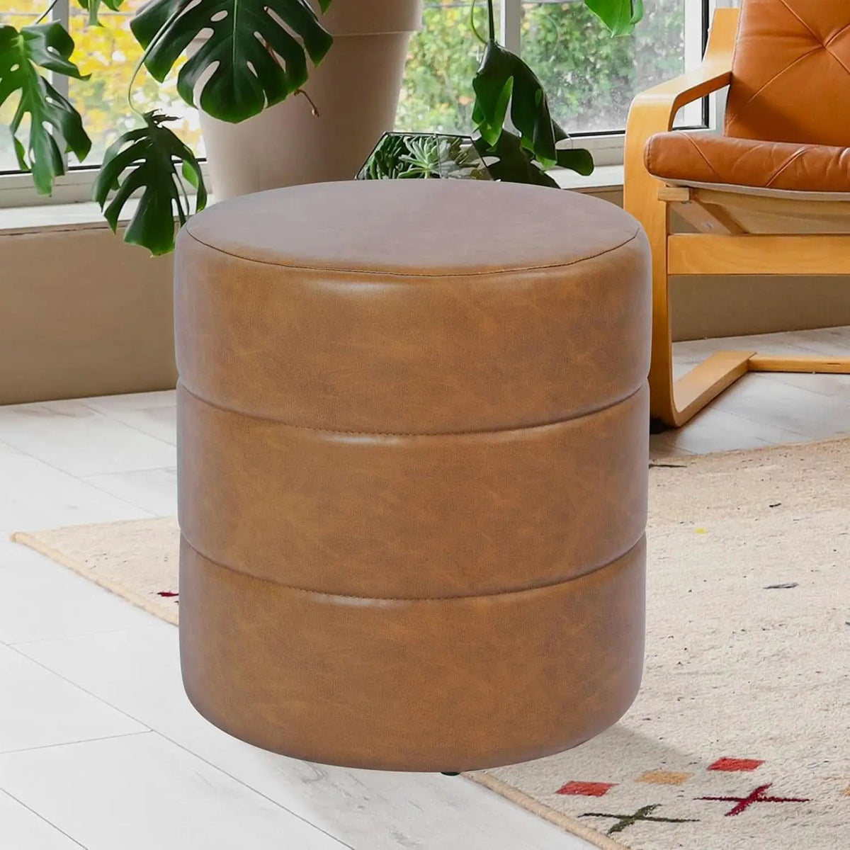Round Upholstered Faux Leather Ottoman Footrest Camel from PriceLows™