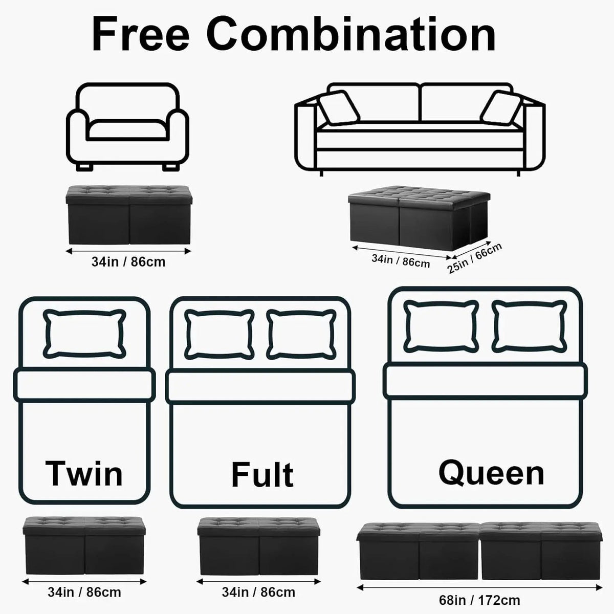 Ottoman With Premium Black Storage 34 Inch Dimension from PriceLows™