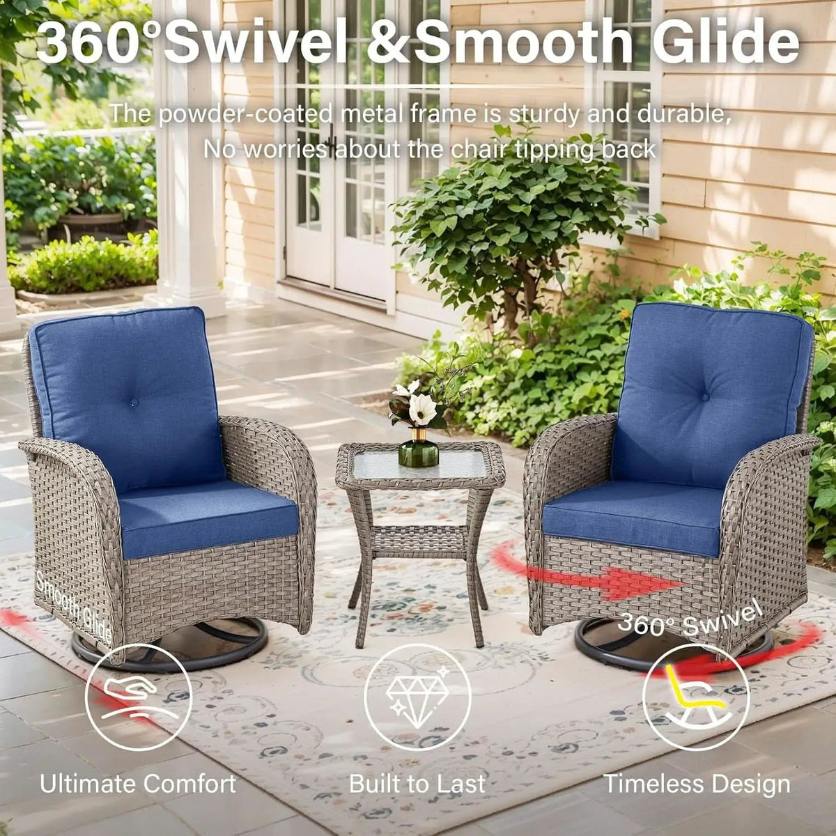 Outdoor Natural Wicker Swivel Patio Chairs Set With Glass Top Side Table from PriceLows™