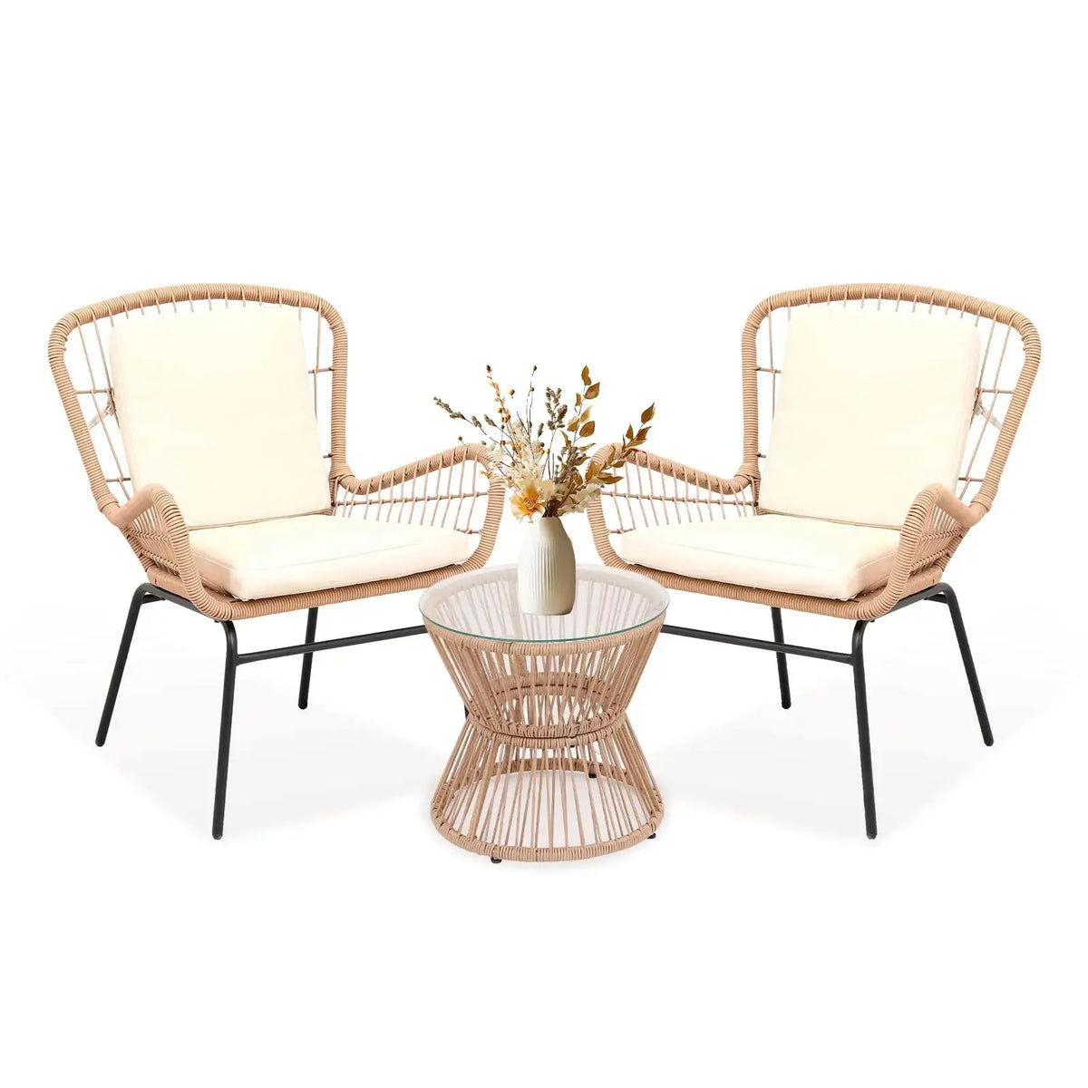 Boho 3PCS Patio Furniture Set, Outdoor PE Rattan Bistro Set With 2 Wide Cushioned Chairs & Glass Table For Deck Porch Poolside from PriceLows™