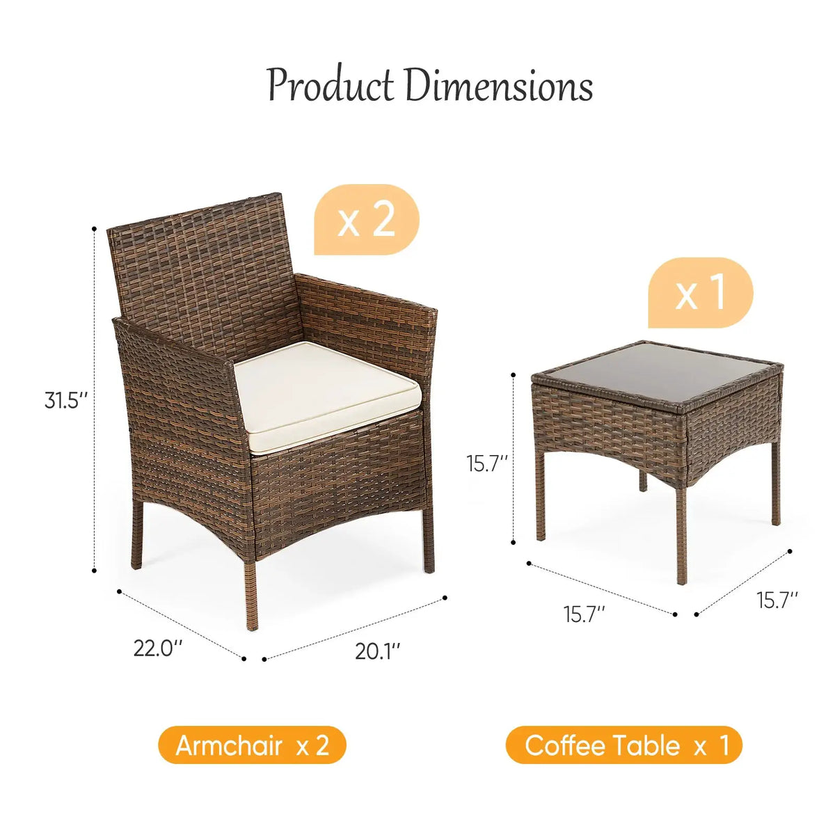 JHK 3 Pieces Outdoor Patio Furniture Set Manual Weaving Wicker Rattan Patio Chairs with Soft Cushion and Glass Table For Garden from PriceLows™