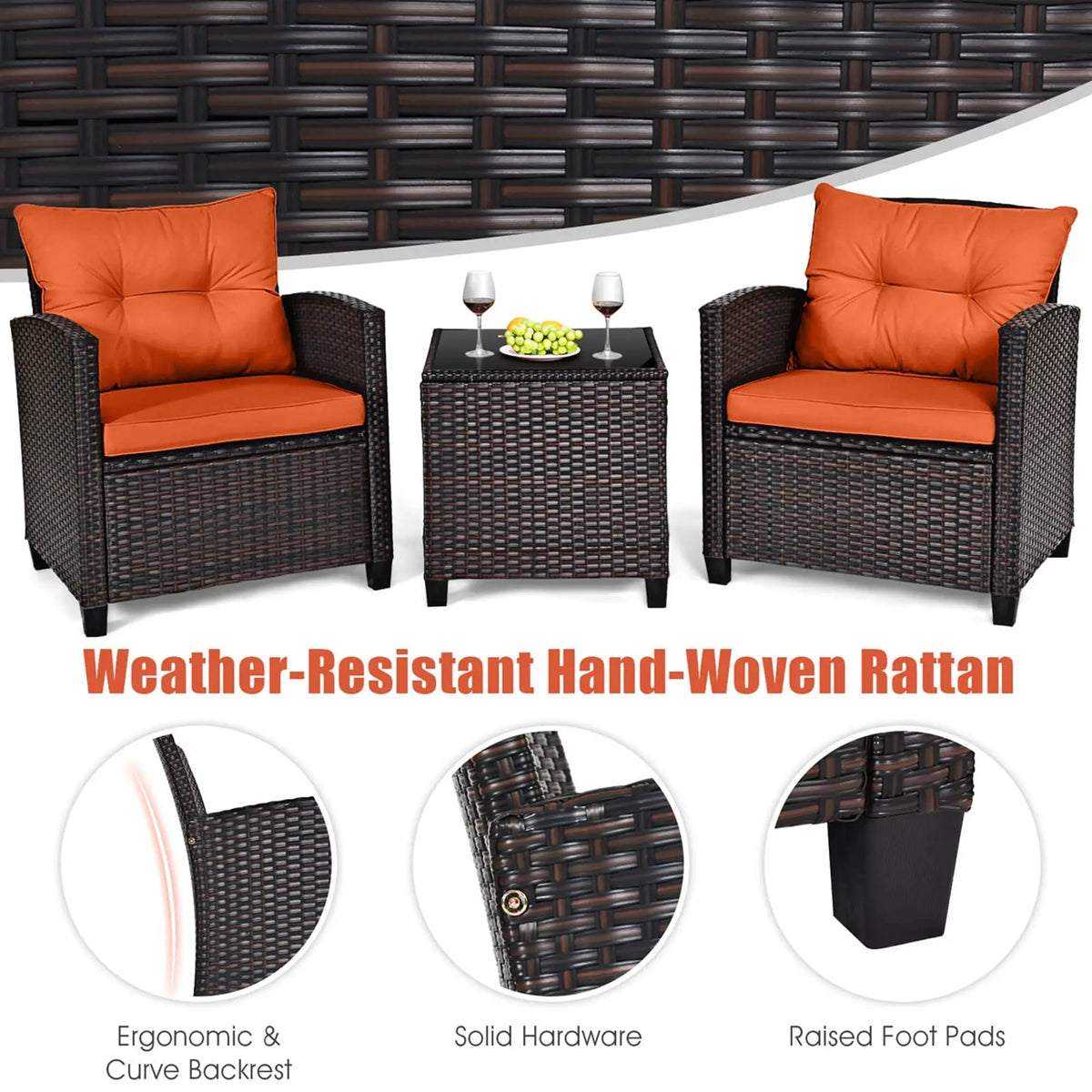 3 PCS Patio Rattan Furniture Set Cushioned Conversation Set Sofa Orange from PriceLows™