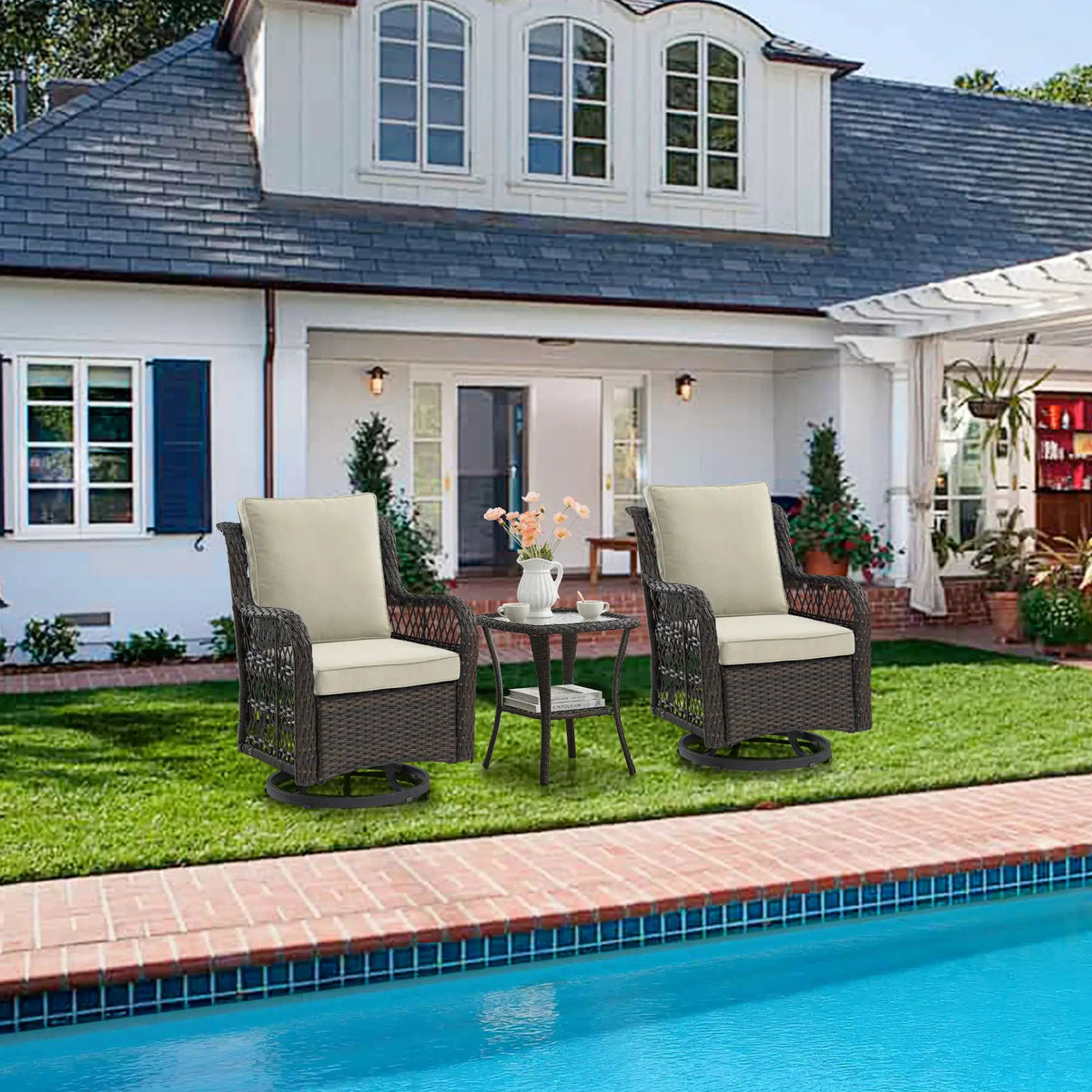 3 Pieces Outdoor Wicker Swivel Chair Set, Swivel Rocking Chairs Set of 2 with Rattan Side Table, 360-Degree Swivel Rocking Chair from PriceLows™
