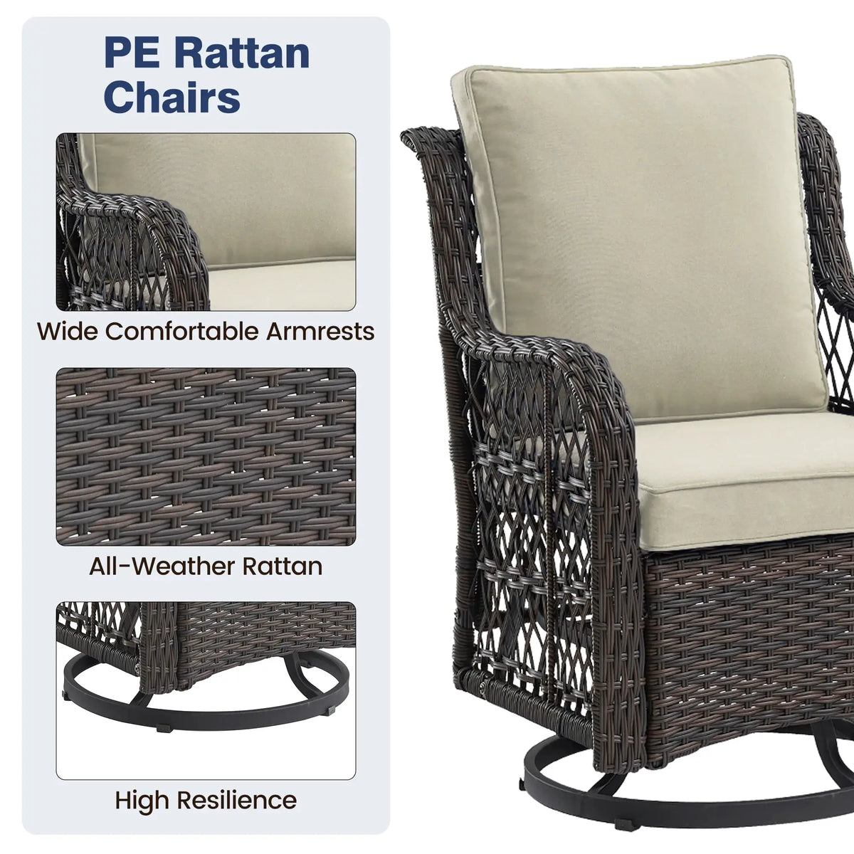 3 Pieces Outdoor Wicker Swivel Chair Set, Swivel Rocking Chairs Set of 2 with Rattan Side Table, 360-Degree Swivel Rocking Chair from PriceLows™