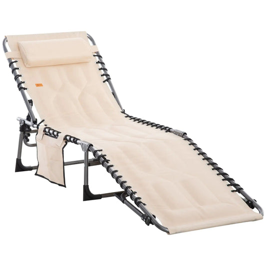 Outsunny Padded Folding Chaise Lounge Chair, Outdoor 6-Level Reclining Camping | 74 x 22.5 x 11.75 in | Steel & Cotton | Beige