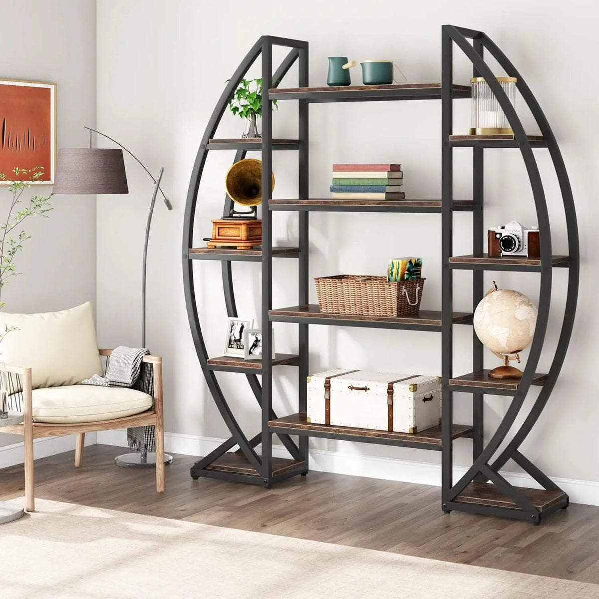 Oval 55 Inch Brown Industrial Display Etagere Bookcase from PriceLows™