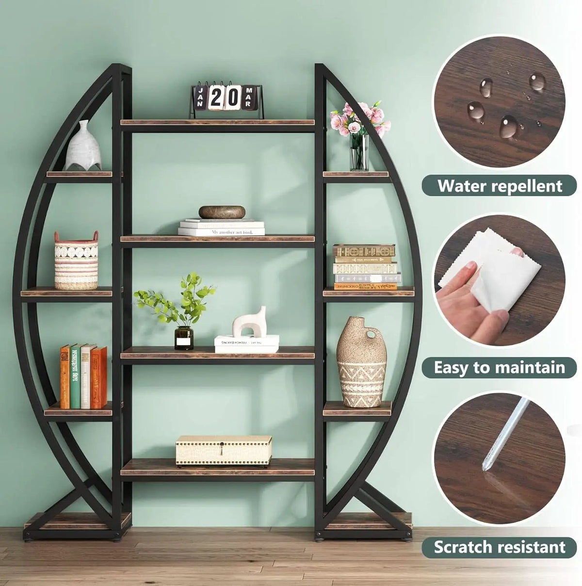 Oval 55 Inch Brown Industrial Display Etagere Bookcase from PriceLows™