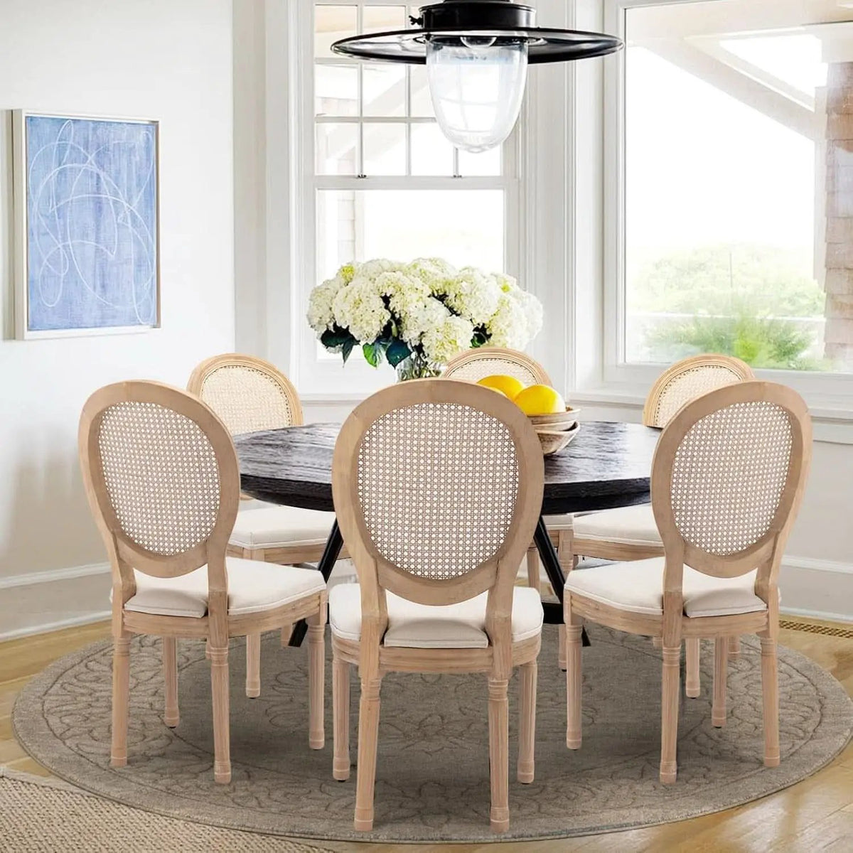 Oval Back Rattan Upholstered Dining Chairs Set Of 6 Beige With Wood Legs from PriceLows™