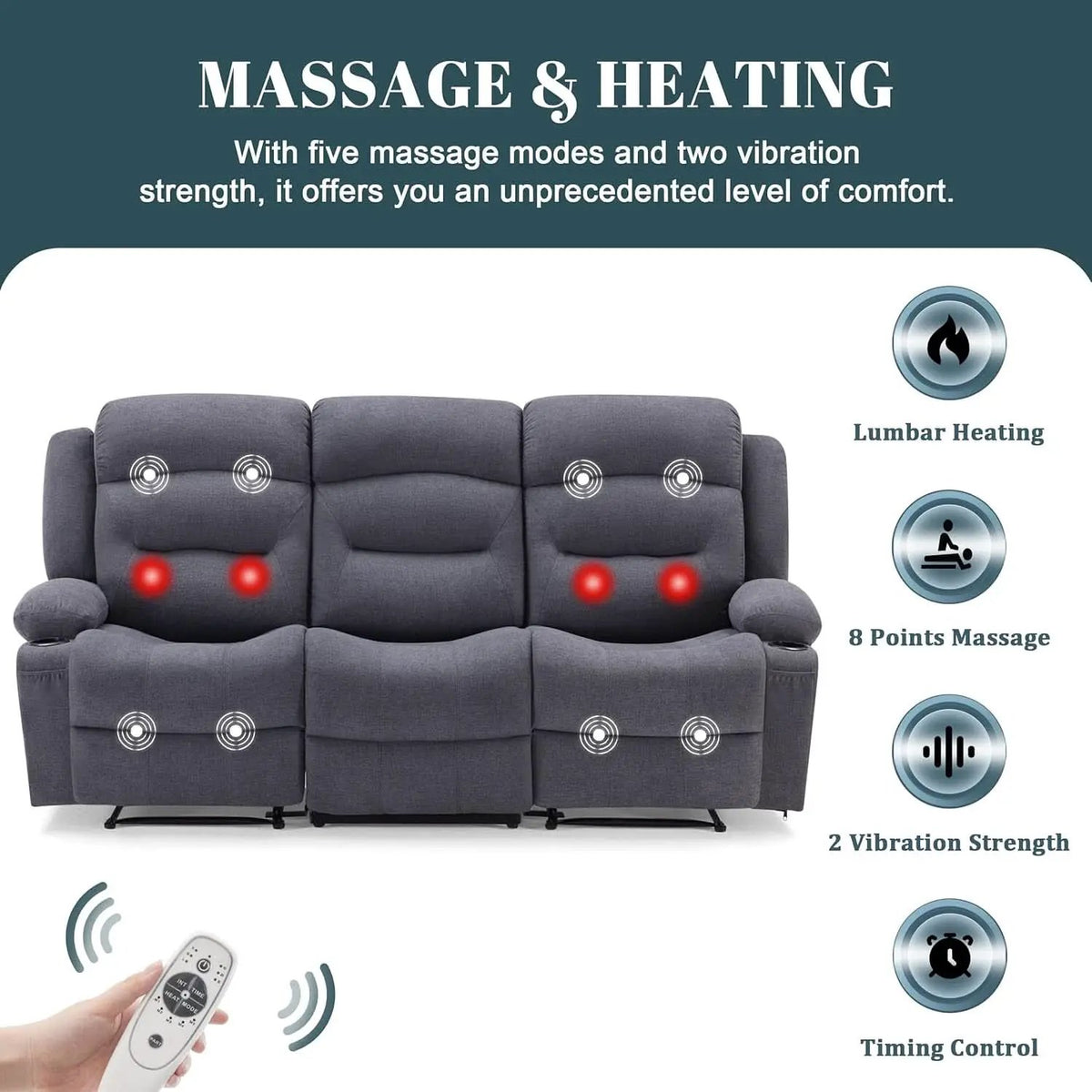 Oversized Charcoal Grey Recliner Sofa With USB Port And Heated Massage from PriceLows™