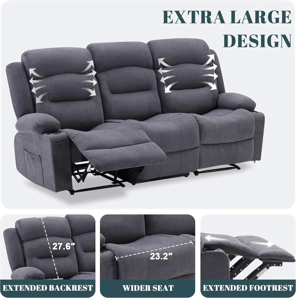 Oversized Charcoal Grey Recliner Sofa With USB Port And Heated Massage from PriceLows™