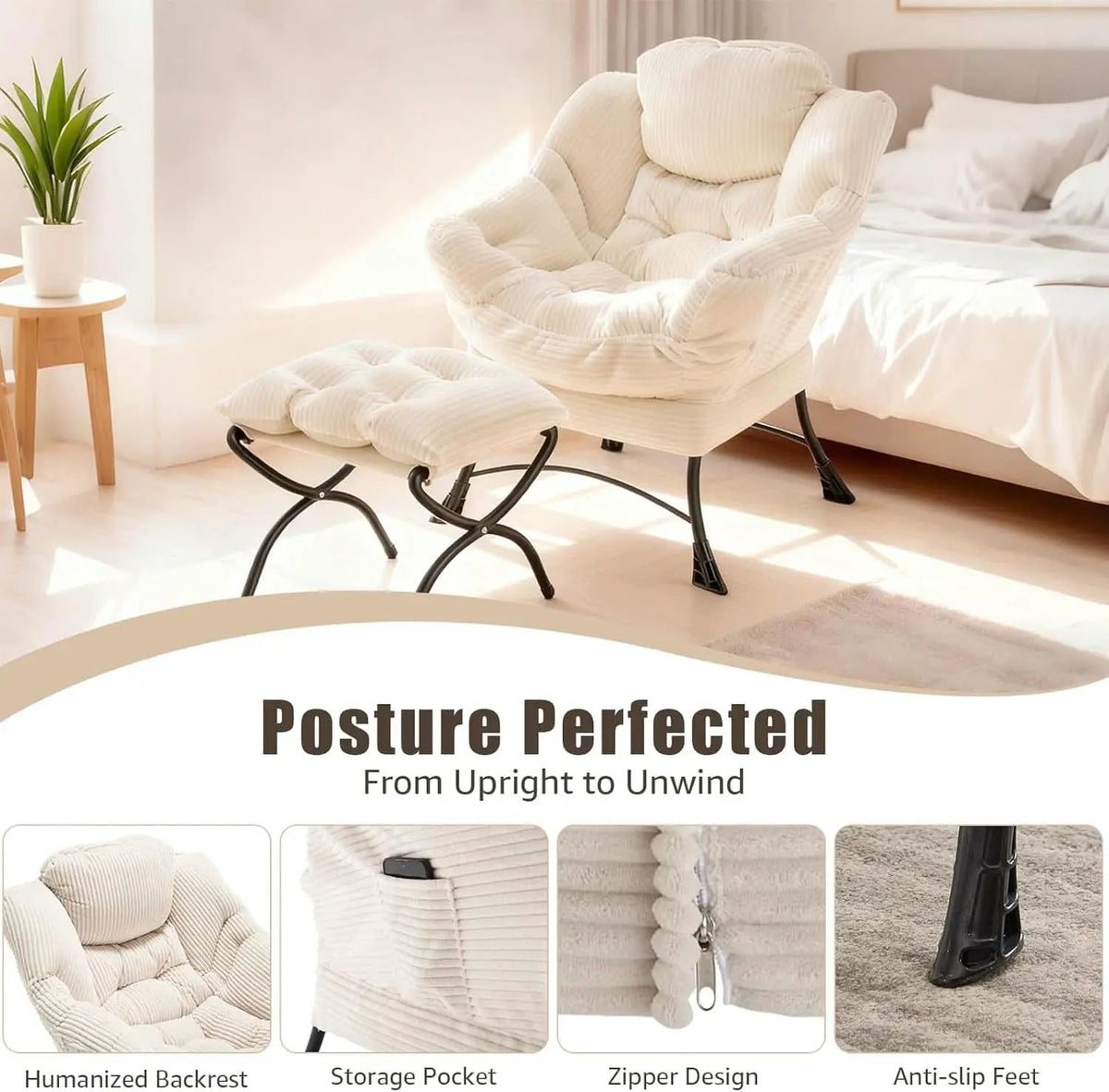 Oversized Corduroy White Reading Chair With Ottoman from PriceLows™