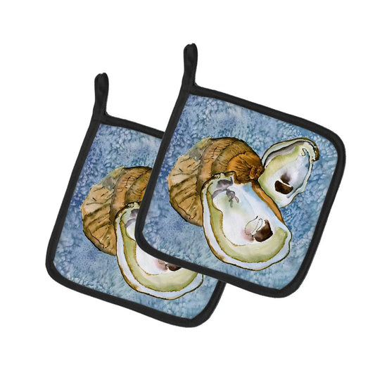 Pot Holder Set of 2 | Heat Resistant Quilted Hot Pads | 7.5 x 7.5 Inch | Oyster Cool Blue Water