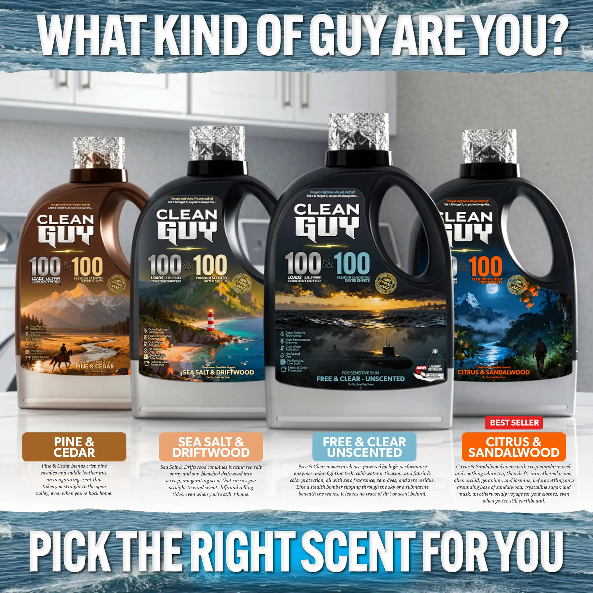 Heavy Duty Premium Laundry Detergent + Built-In Dryer Sheets (100 Loads) - SEA SALT & DRIFTWOOD from PriceLows™