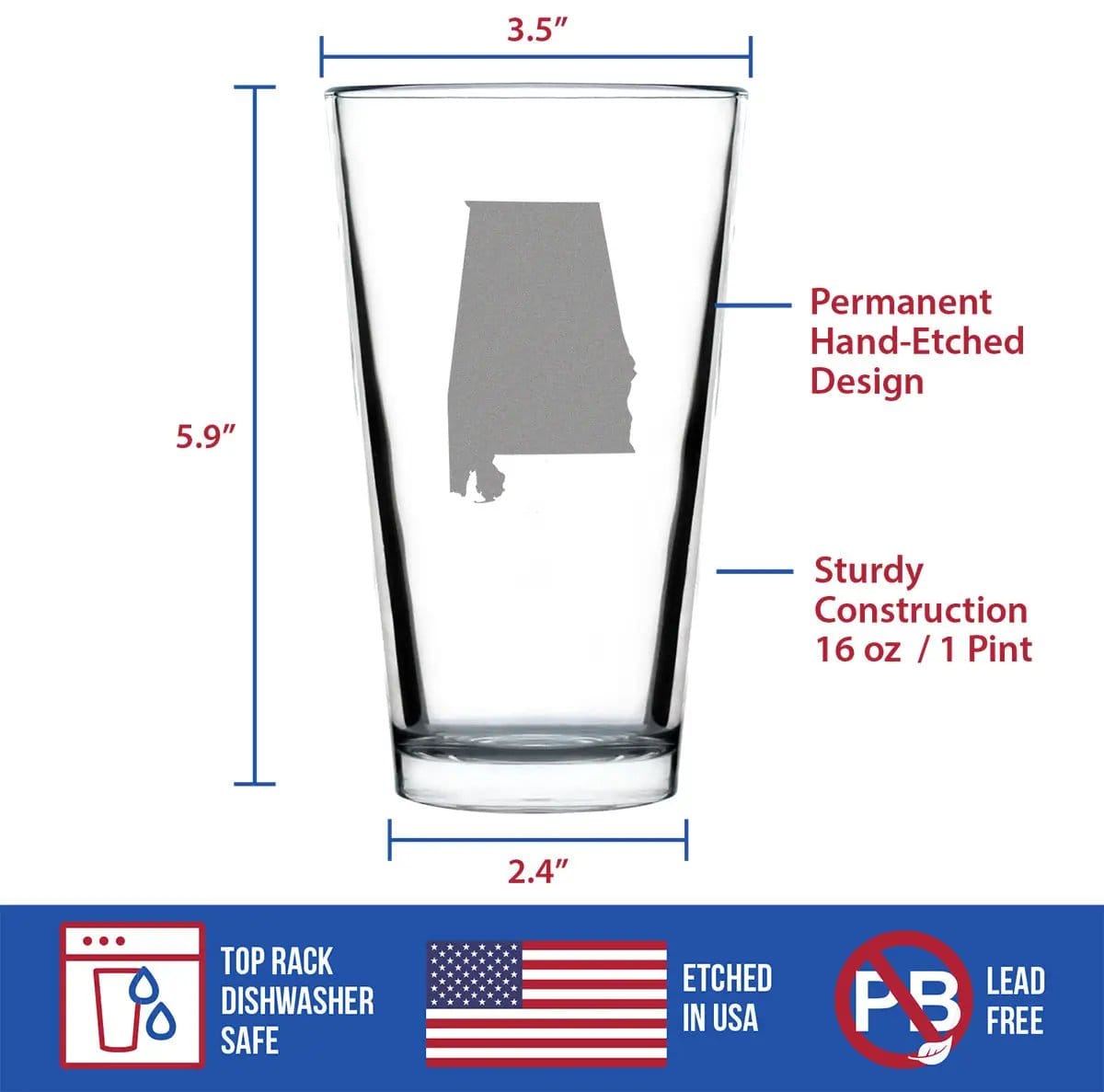 Etched Pint Glass | 16 oz Beer Glass | Dishwasher Safe | Alabama State Outline