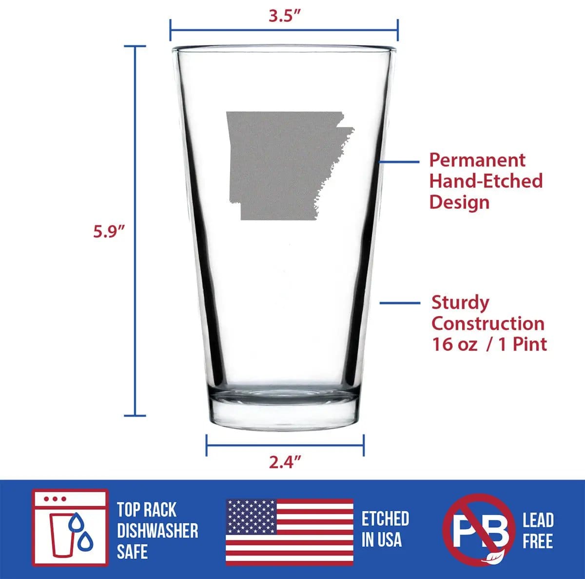 Etched Pint Glass | 16 oz Beer Glass | Dishwasher Safe | Arkansas State Outline