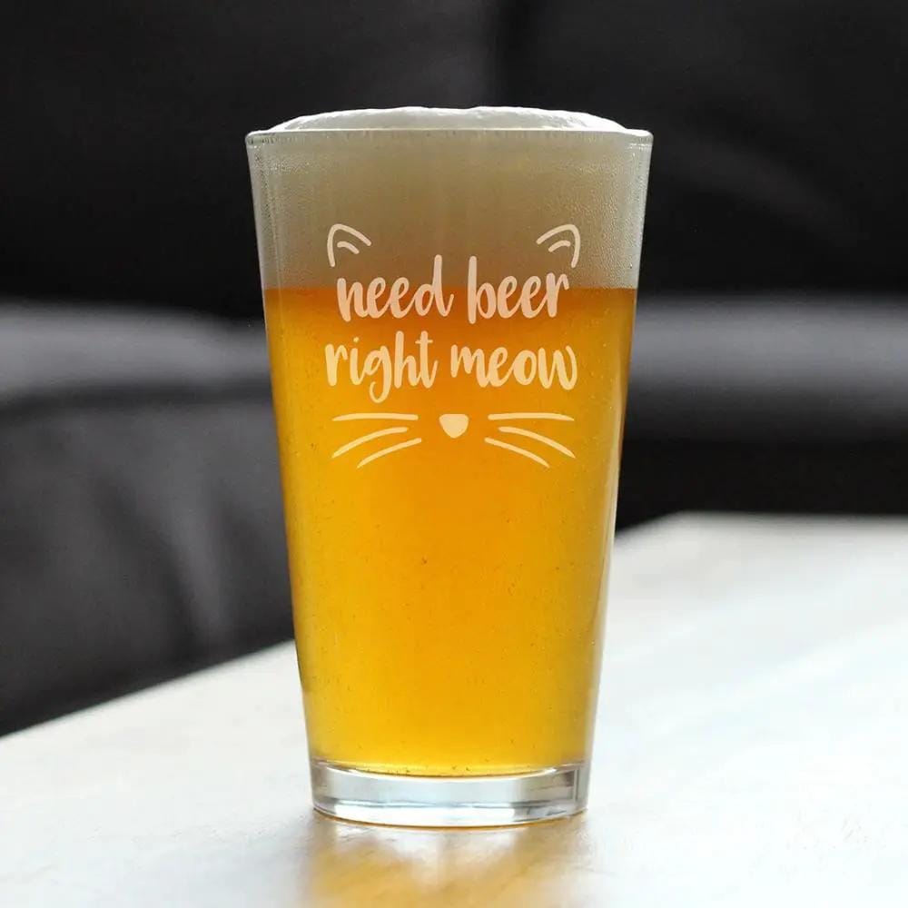 Etched Pint Glass | 16 oz Beer Glass | Dishwasher Safe | Need Beer Right Meow - Funny Cat