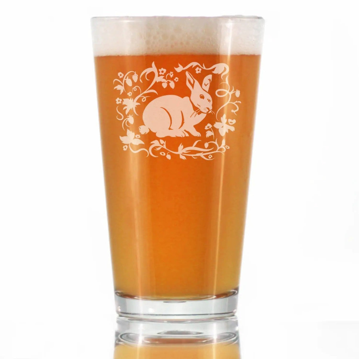 Etched Pint Glass | 16 oz Beer Glass | Dishwasher Safe | Berry Patch Bunny Rabbit