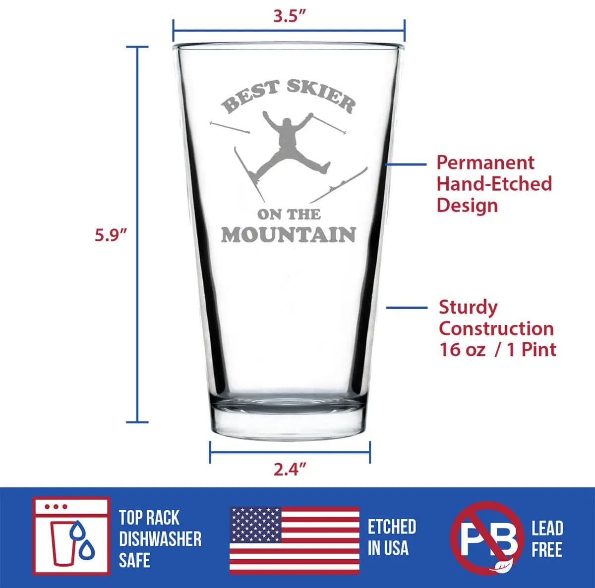 Etched Pint Glass | 16 oz Beer Glass | Dishwasher Safe | Best Skier