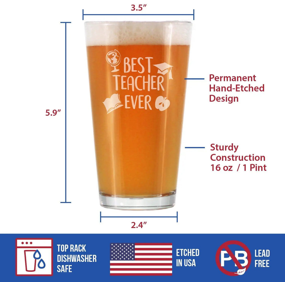 Etched Pint Glass | 16 oz Beer Glass | Dishwasher Safe | Best Teacher Ever