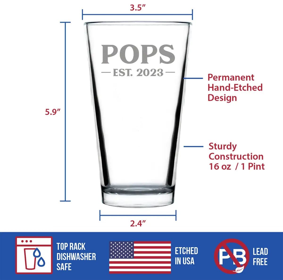 Etched Pint Glass | 16 oz Beer Glass | Dishwasher Safe | Pops Est. 2023 Bold