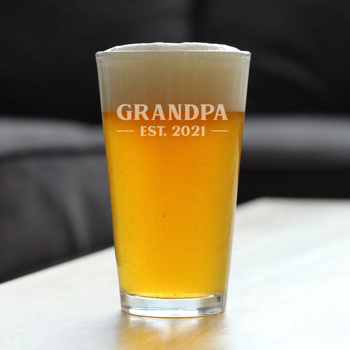 Etched Pint Glass | 16 oz Beer Glass | Dishwasher Safe | Grandpa Est 2021 - New Grandfather (Style 2)
