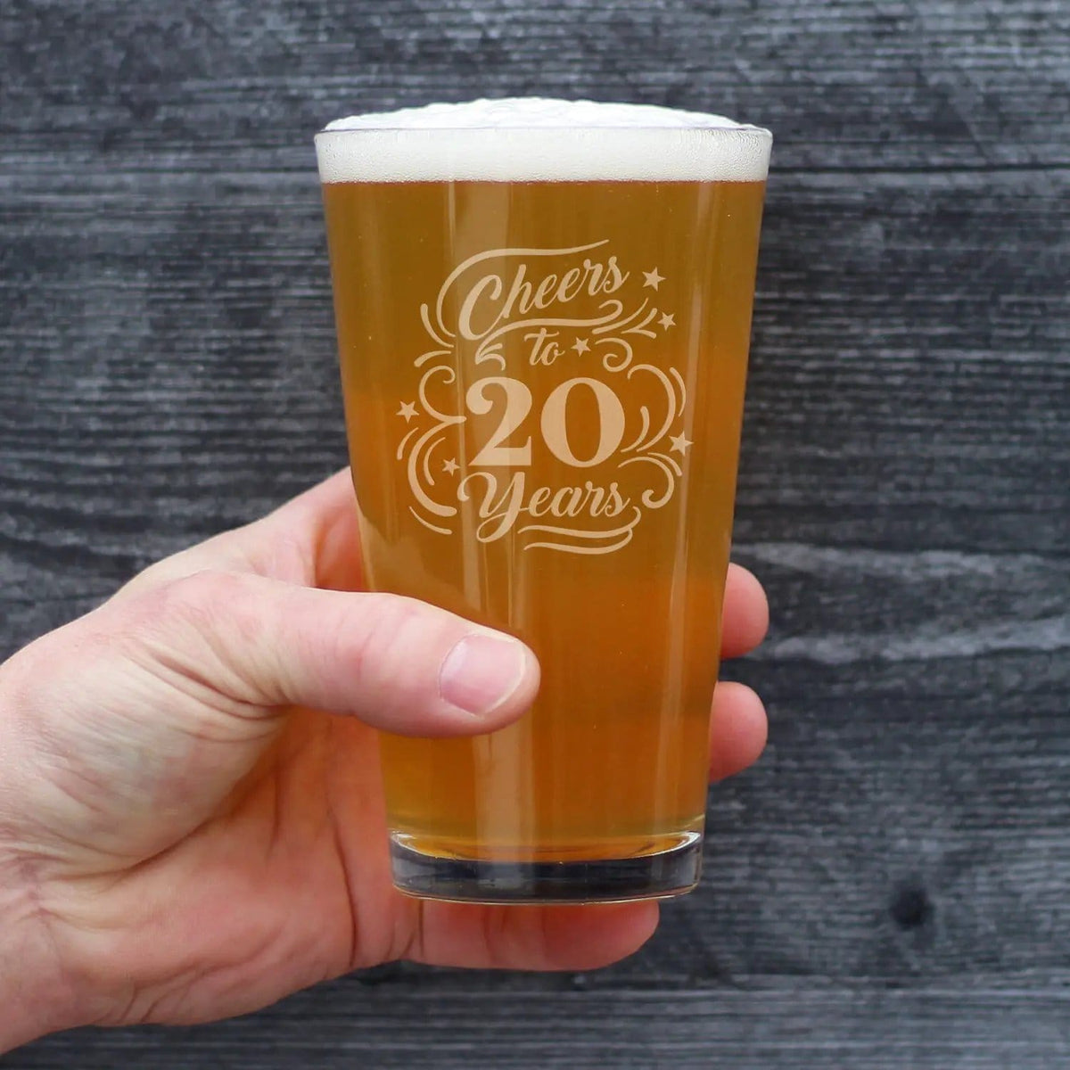 Etched Pint Glass | 16 oz Beer Glass | Dishwasher Safe | Cheers to 20 Years